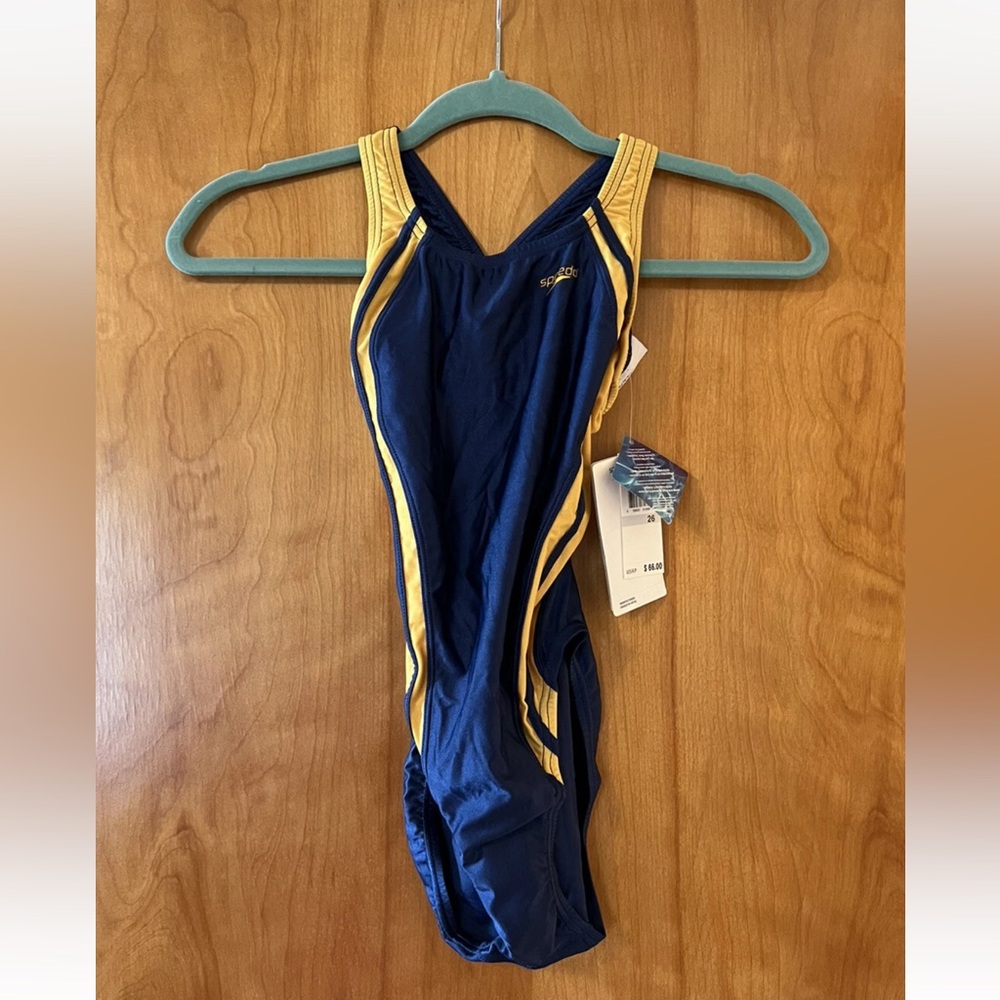 Speedo Girls Racing Xtra Life Lycra Swimsuit Vintage Navy Gold One Piece NWT 26